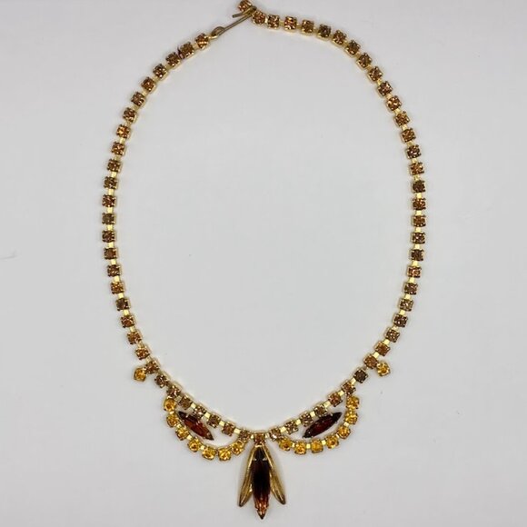 Vintage Jewelry - Vintage 1960s Unsigned Amber Topaz Rootbeer Goldtone Choker Princess Necklace